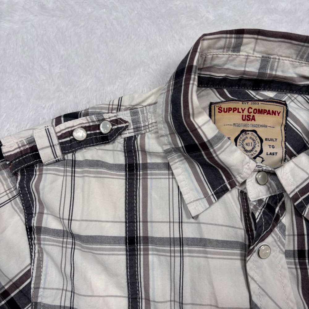 Western Button Shirt Men S White Black Plaid Pearl Snap Rodeo Cowboy Military - Picture 2 of 14
